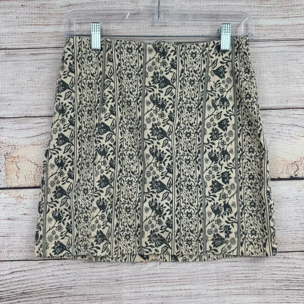 Free People Floral Stretch Mini Pencil Skirt Women's Size 4 Cream/Gray